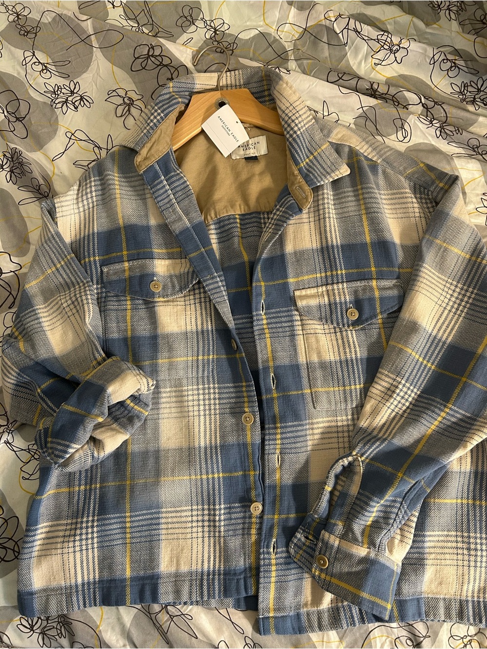 American Eagle Outfitters Blue, Cream & Yellow Plaid Shirt Jacket